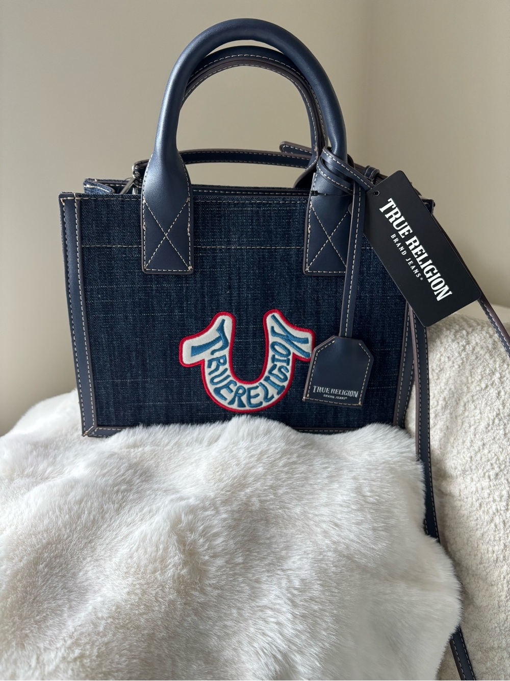 True Religion Navy Denim Tote Crossbody Bag NWT